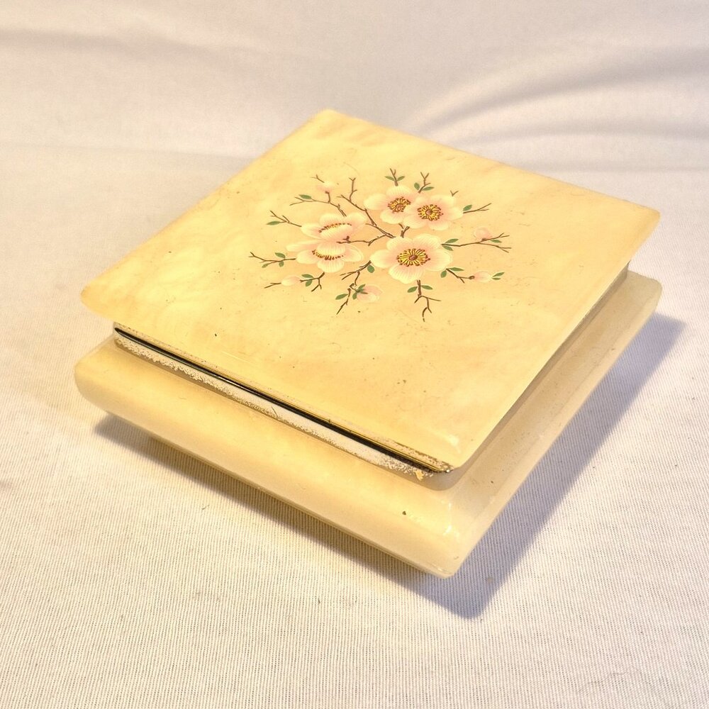 Vintage Italian Alabaster Jewellery Box – Pink Floral Trinket Box – Collectible